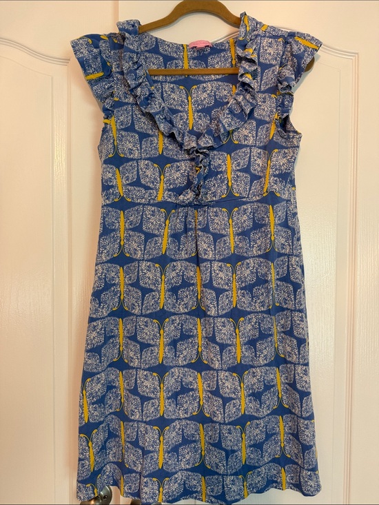 Lilly Pulitzer Dresses & Skirts - Lilly Pulitzer Blue and Yellow Ruffle-Front Printed Midi Dress